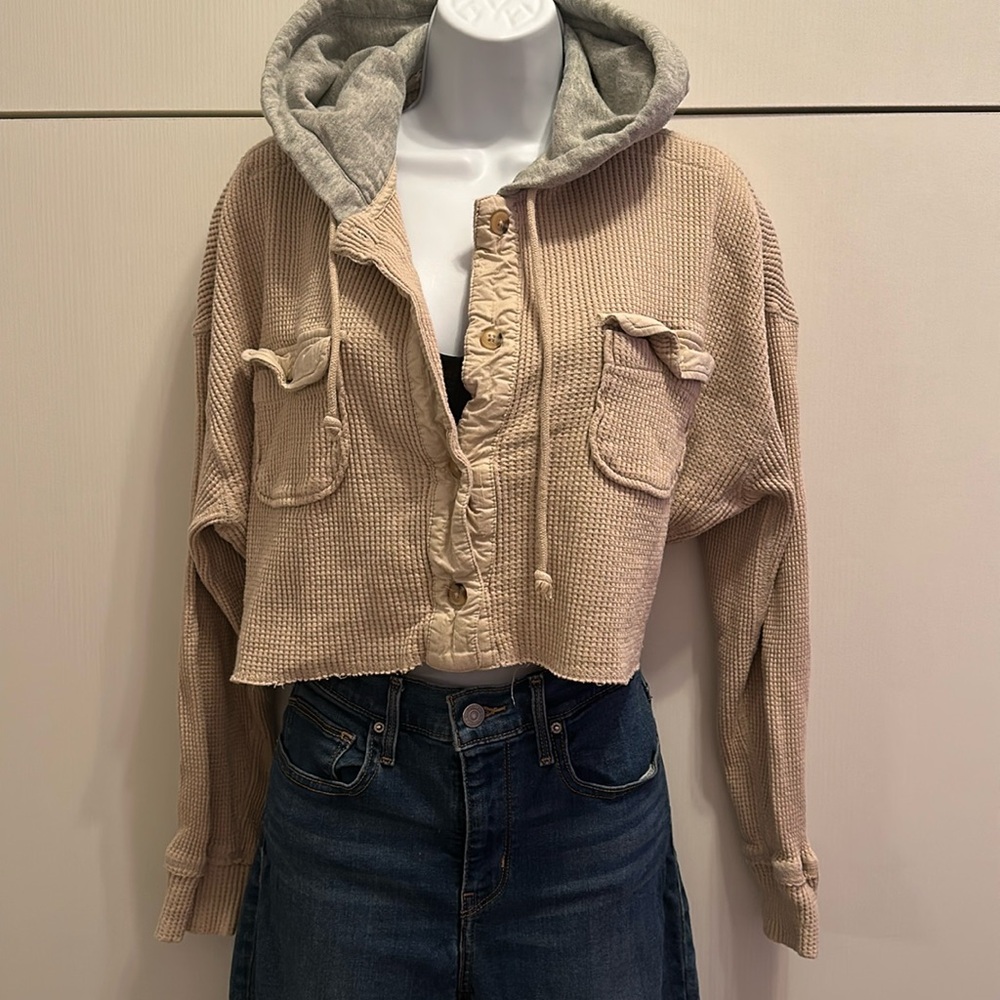 Hooded Waffle Knit Cropped Jacket